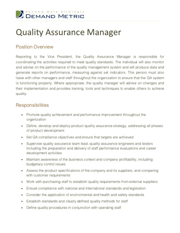 QA Manager Job Responsibilities Job Responsibilities